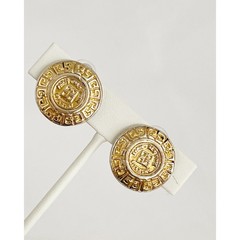 GIVENCHY Coin Logo Embossed Gold Plated Clip On Earrings Greek Key Border 1980s