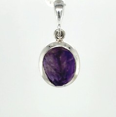 925 Sterling Silver – Raw Cut Oval Purple Amethyst Pendant – Natural Rough Cut