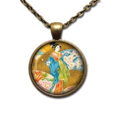 Japanese Art Asian Geisha Golden Yellow – Handmade Round Glass Pendant Necklace