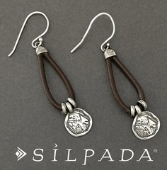 SILPADA Sterling Silver Medallion PRARIE GIRL Brown Leather Drop Earrings~#W2179