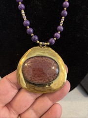 Vintage Artisan 8mm Beaded Charoite Necklace w/ Brass Glass Pendant Handmade 30”