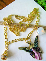 New Pink Blue Green Fairy Core Pendant Goldtone Chain Necklace w/ Crystal Charms