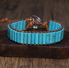 Boho Turquoise Tube Beaded Leather Adjustable Button Loop Wrap Bracelet Cuff
