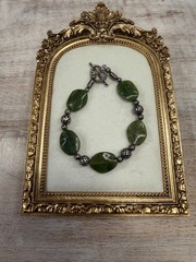 Artisan Natural Nephrite Jade Bracelet Olive Green Gemstone Silver Tone Toggle –