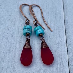 Min Favorit Red Sea Glass, Turquoise & Antique Copper Artisan Drop Earrings