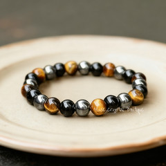 Triple Protection Bracelet Tiger Eye & Obsidian Hematite Healing Crystal Gift