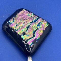 Handmade Dichroic Fused Glass Pendant Black Iridescent Pink Green 1.75”