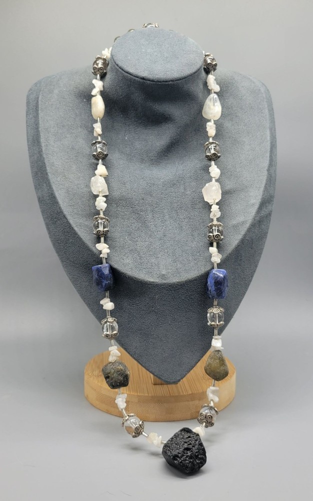 Natural Raw Stone Labradorite Moonstone Sodalite Bead Clear Quartz Necklace N1D