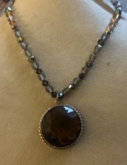 Artisan Brass Massive Smoky Quartz Pendant Crystal Glass Beaded 18” Necklace