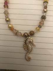 Retro 14k GoLd Crystal Seahorse Pendant Topaz Pearl Hematite Bead Necklace
