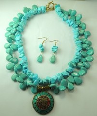 Statement 2 Strand Howlite Necklace &Turquoise & Coral & Earrings Set Handmade