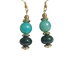 Handmade Earrings Gold And Green Beaded Dangles Artisan Jewelry 2.5 Inch Long