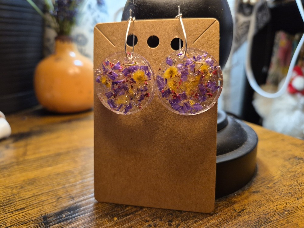 Handcrafted Purple Yellow Clear Resin Round Dried Flower Dangle Earrings, Hook