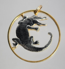 Vintage Pendant Slender-Snouted Croc Gambia Cut Coin 1 1/2″ Diameter