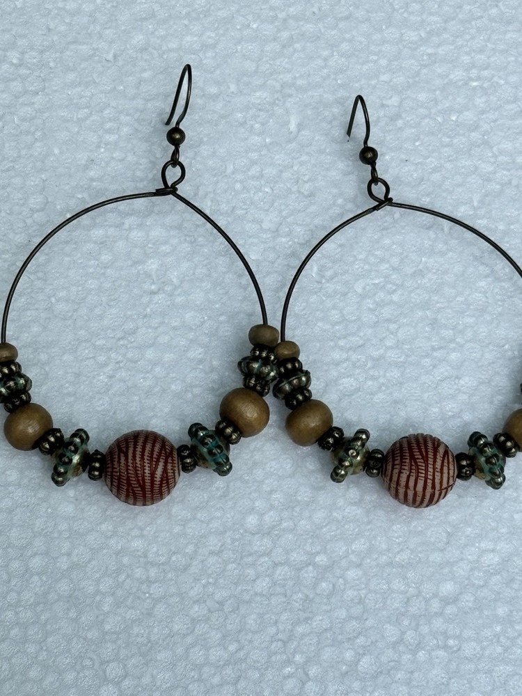 Boho Beaded Hoop Earrings Wood Glass Artisan Dangle Earrings