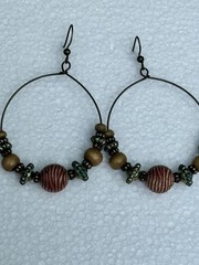 Boho Beaded Hoop Earrings Wood Glass Artisan Dangle Earrings
