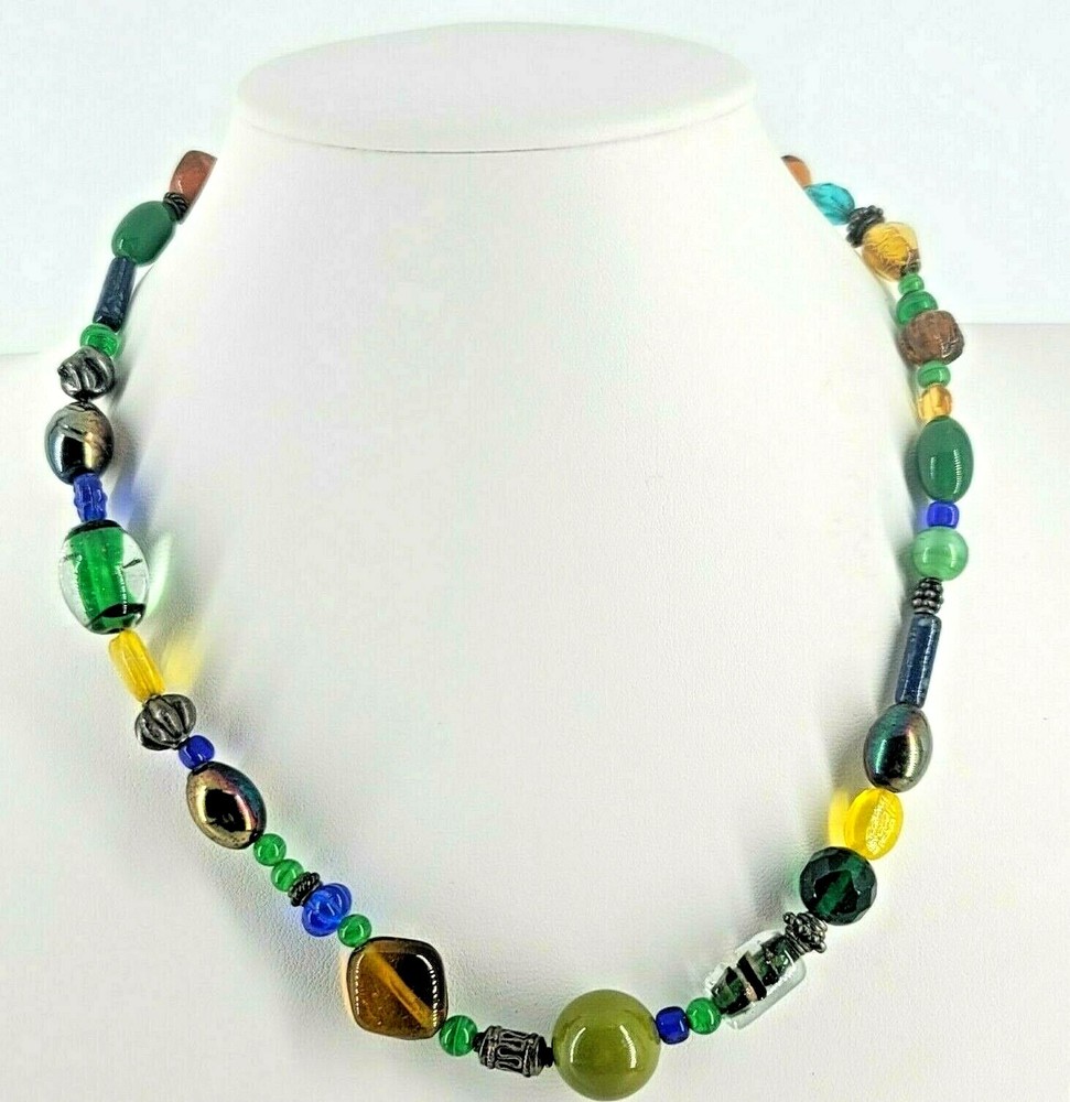 Vintage Multicolor Glass And Metal Bead Choker Necklace 16″ Italy