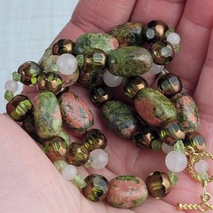 Green and Adobe Pink Color Stone Glass Bead Necklace 17″ Artisan Made