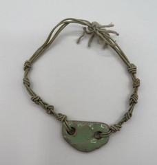 Handmade Ceramic Pendant Cord Bracelet Green Glaze Artisan 2000s