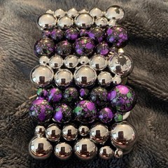 Purple Silver Beaded Stretch Scrunchie Bracelet Statement Cuff