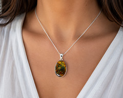 Genuine Beautiful Green Blue Amber 925 Sterling Silver Oval Pendant 33mm