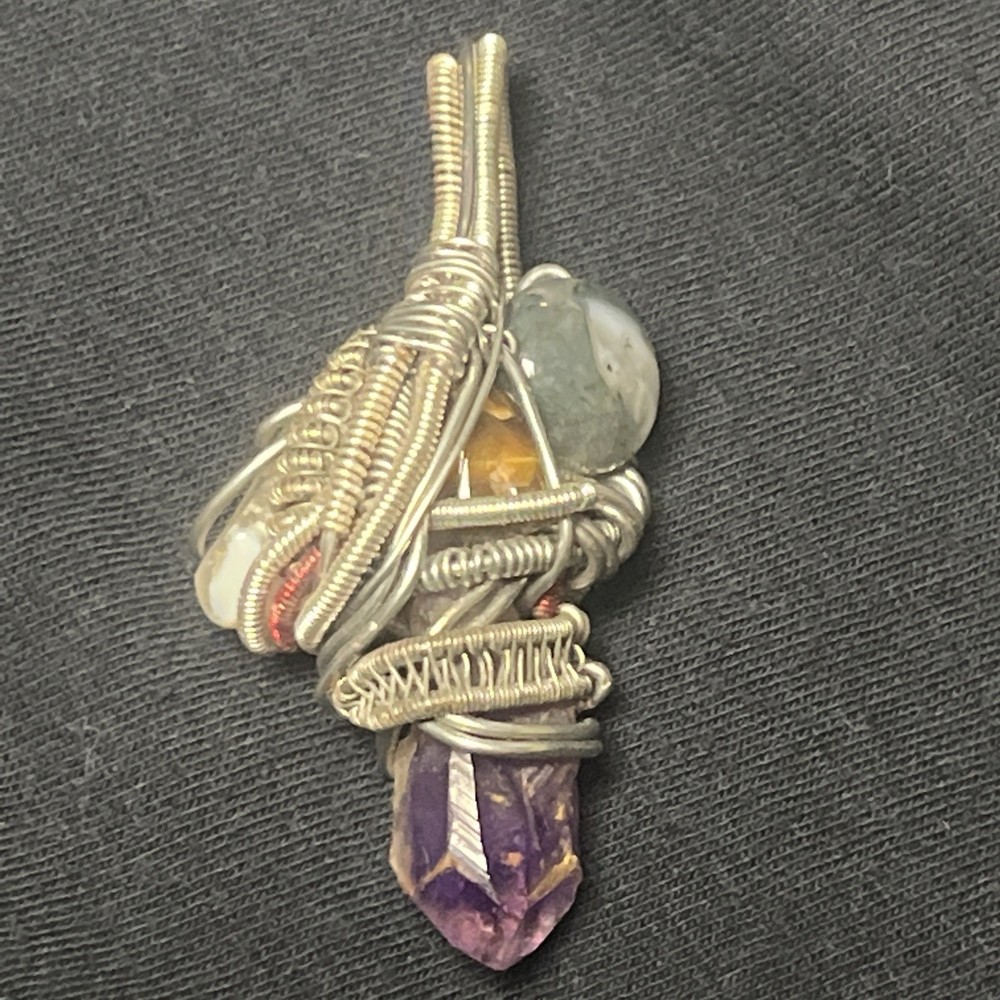 Hand Wrapped Pendant Amethyst Tigers Eye And Mossy Agate :OVC5