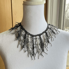 VTG Handmade Seed Bead Coral Fringe Statement Necklace Black White Boho Artwear