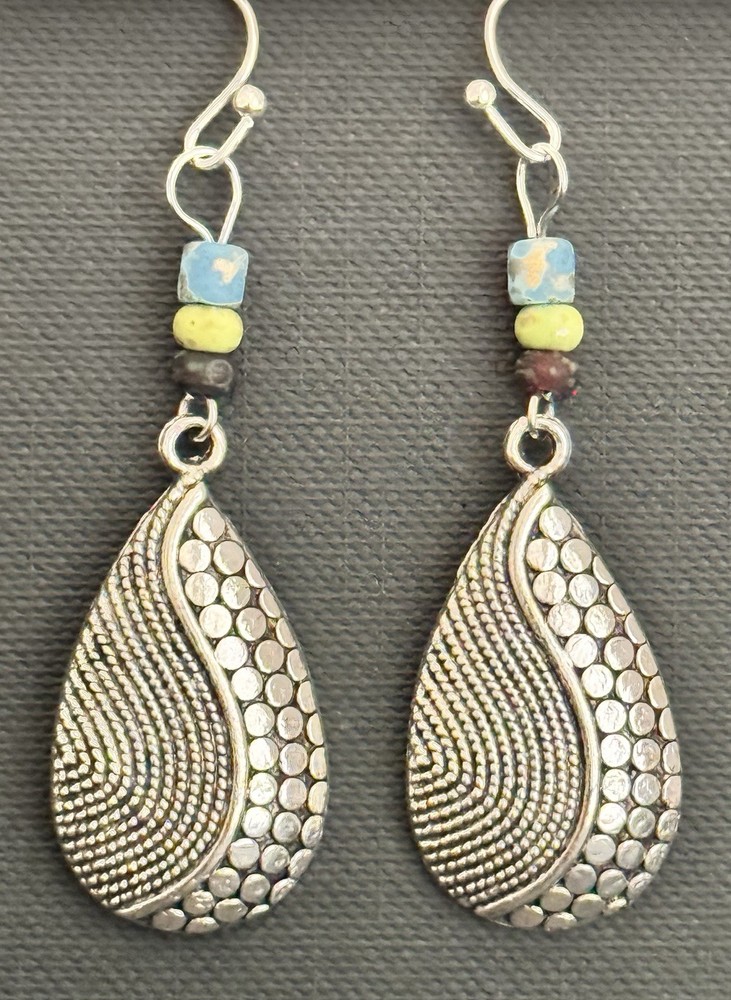 Etched Silver Teardrop Dangle with Blue, Green and Brown Earrings. Boho