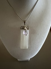 Selenite And Amethyst Gemstone Pendant Silver Chain 15” Necklace