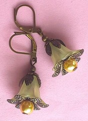 LEMON FLOWER Acrylic YELLOW Glass pearl earring BRONZE LEVER BACK #ACTA