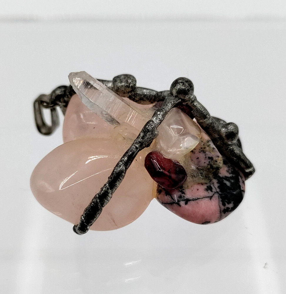 Handmade Pendant Rose Quarts Clear Point Rhodonite Garnets Gemstone Cluster