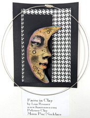 Funky MOON FACE Polymer Clay Brooch Pin or Necklace, Handcrafted, 3.75″, NEW