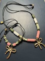 Pink, Green, White, Gold, Black Bow Charm Bead and Nylon Necklace-Bracelet Set