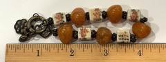 Asian Style Artisan Bracelet with Painted Ceramic Beads and Amber Colored Stones
