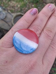 Handcrafted Gold Adjustable Polymer Clay Ring Round Red White Blue
