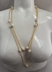 Gold Plate Rolo Chain And Baroque Pearl Double Strand 25″ – 28″ Necklace