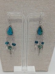 PERUVIAN silvertone artisan teardrop chrysocolla stones dangle hook earrings
