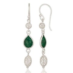 925 Sterling Silver Dyed Emerald Green Corundum Gemstone Dangle Earrings