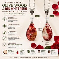 Handcrafted Teardrop Necklace: Red-White Resin with Embedded Wood & Crystal