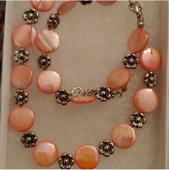 Handmade SET Floating Glass Iridescent Flat Pink beads w/ metal flower spacers