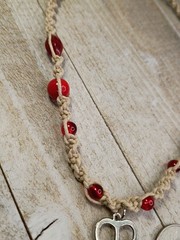 New Hemp Necklace w/ Heart Peace Sign Charm & Red Glass Beads, 18 inch Handmade