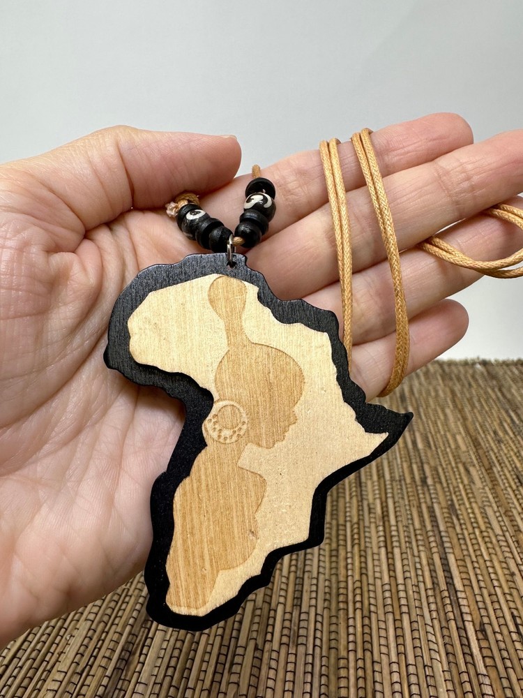 African Woman & Continent Wooden Pendant Necklace – Handmade Unisex Adjustable