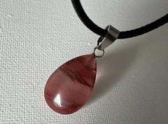 Cherry Quartz Drop Cabachon Silver Tone Necklace Adjustable Cord Jewelry Gift