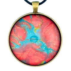 Pendant Necklace Handmade «Caribbean Coral» Brass Bezel & Tray 38mm Black Cord