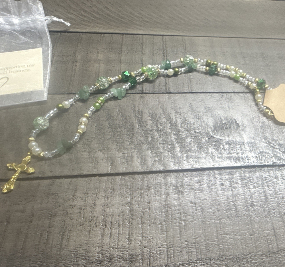 Green & Clear Beaded Christian Rosary with Gold-Tone Metal Crucifix