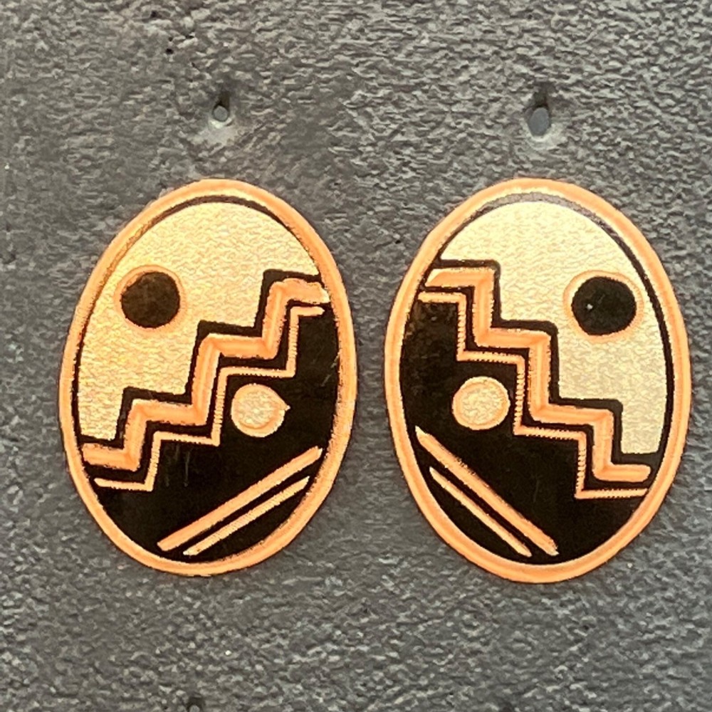 Pierced Earrings Copper Oval Black Silver Aztec Abstract Design Retro Boho Mod