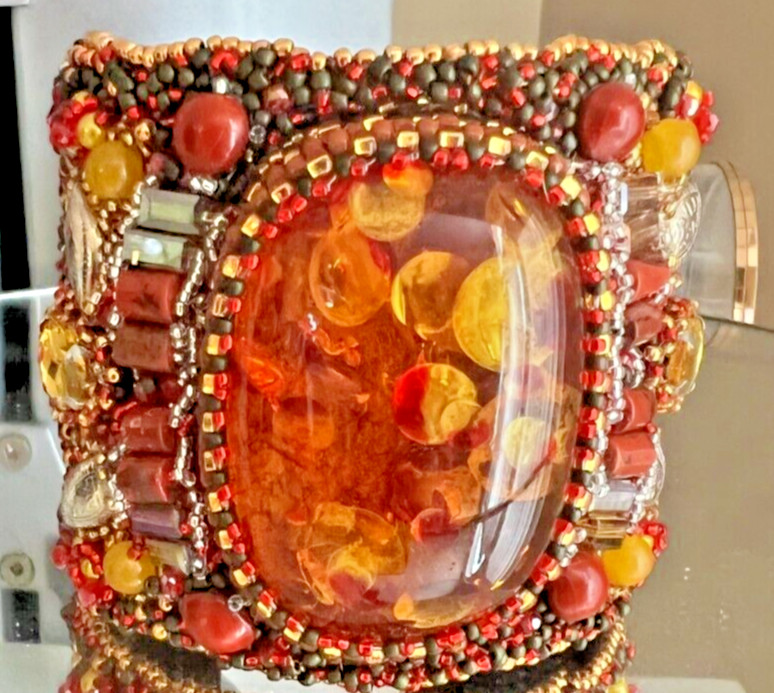 Special Handmade amber Embroidery soft Leather Cuff Bracelet One-of-a-Kind US