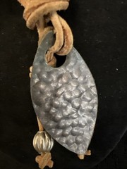 Artisan Hammered Metal Leaf Pendant Wire Collar Necklace Leather Mixed Metal