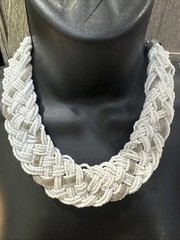 White Seed Bead Braided Statement Necklace Silver Mesh Summer Beachy
