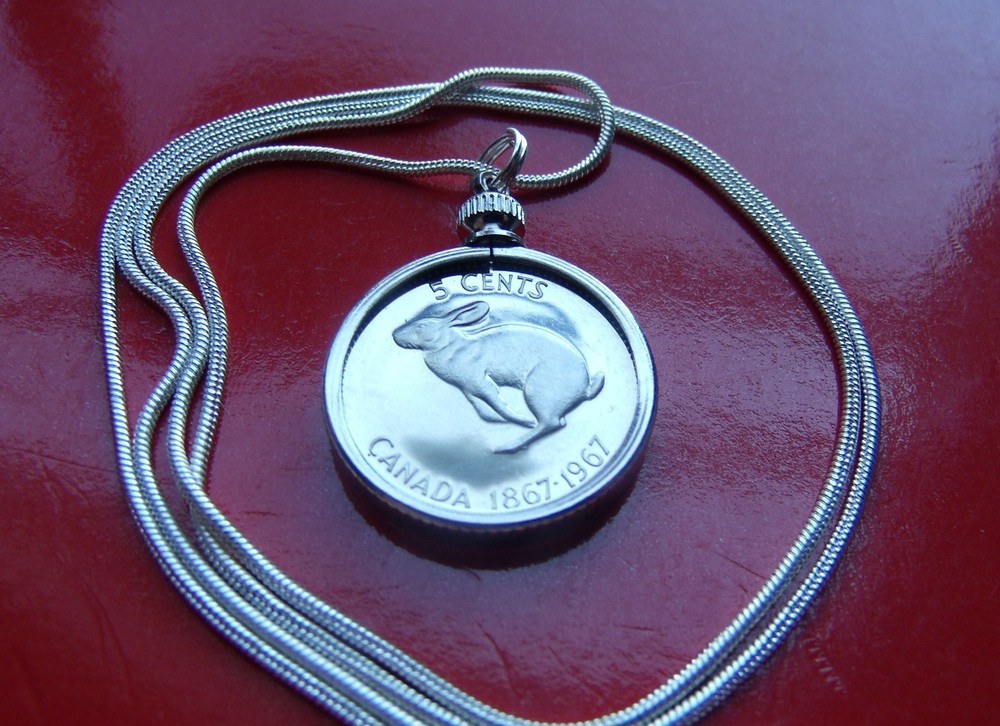 Bunny Rabbit Coin Bezel Pendant on a 30″ 925 Sterling Silver Snake Chain